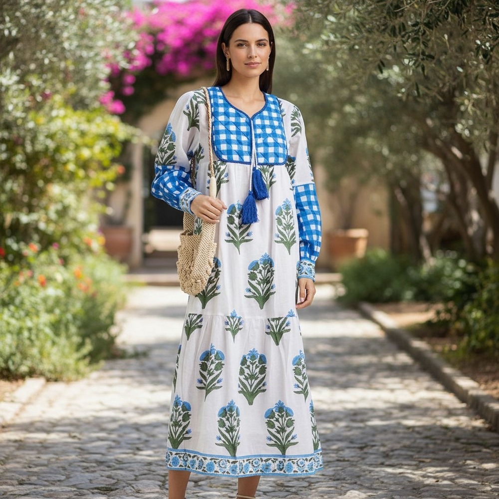 SZ Blockprints Nila Dress Blue White Floral Gingham Cotton Midi Small